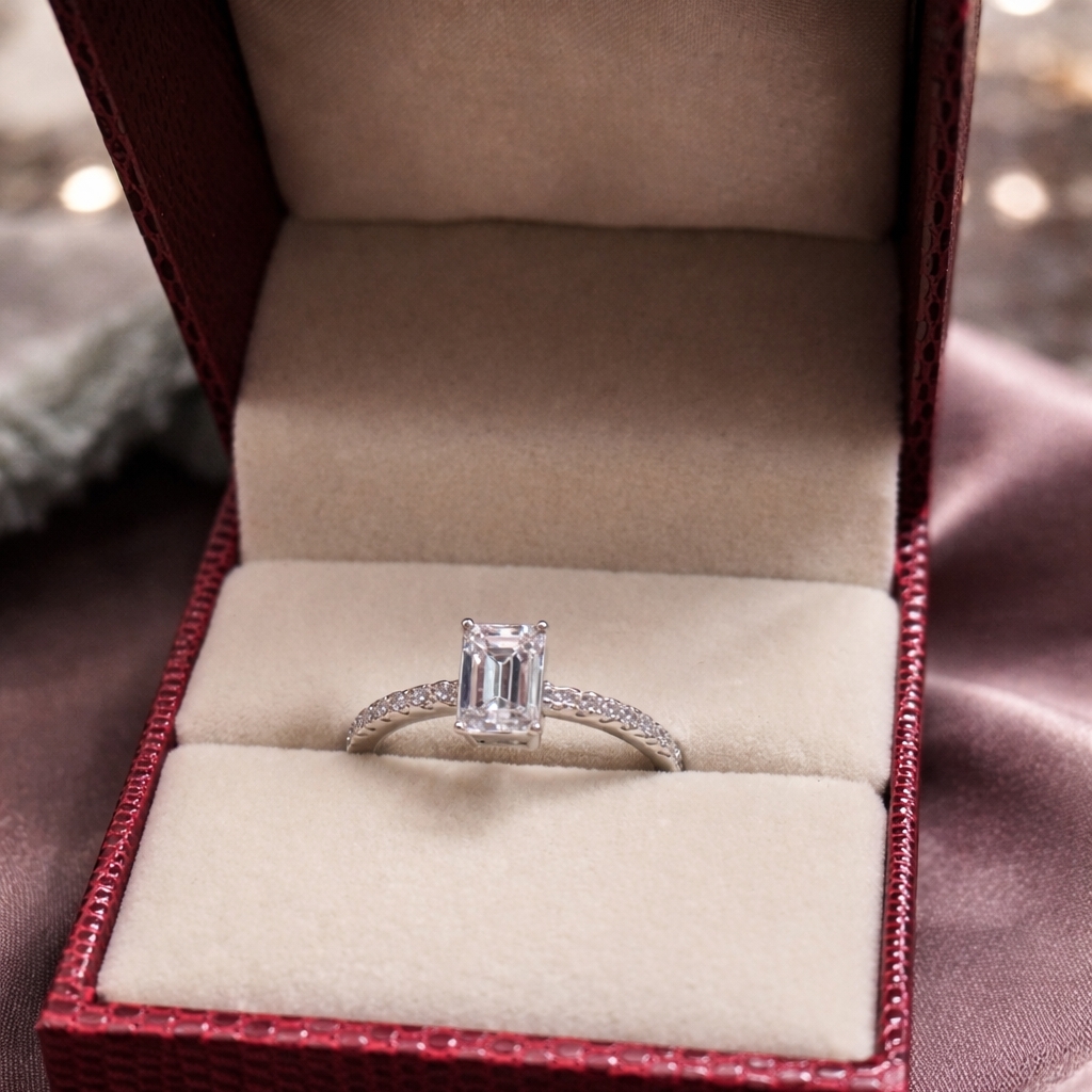 Moissanite Emerald Cut Ring 1 Ct | D Color | 925 Sterling Silver | Size 8